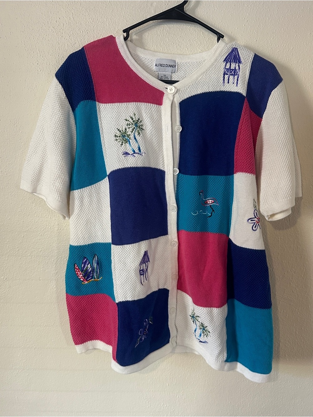 Vintage Alfred Dunner White, Navy, Teal & Pink Patchwork Button Cardigan